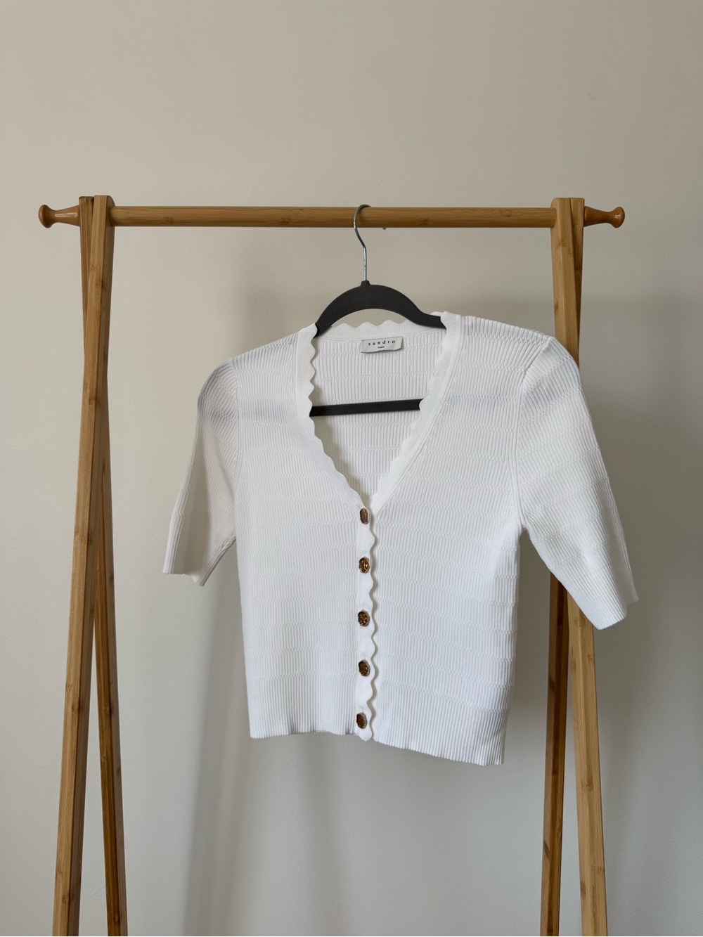 Sandro White Ribbed V-Neck Button Front Top